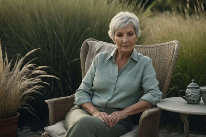 A woman enjoying unstructured rest on a quiet outdoor terrace.