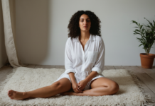 When Wellness Practices Fail to Help You Feel at Home in Your Body A woman practicing a gentle grounding pause in a comfortable room.
