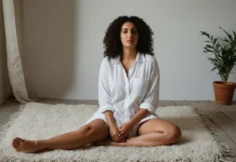 When Wellness Practices Fail to Help You Feel at Home in Your Body A woman practicing a gentle grounding pause in a comfortable room.