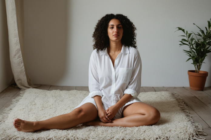 A woman practicing a gentle grounding pause in a comfortable room.