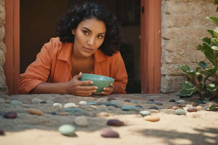 Woman placing smooth pebbles in a bowl.