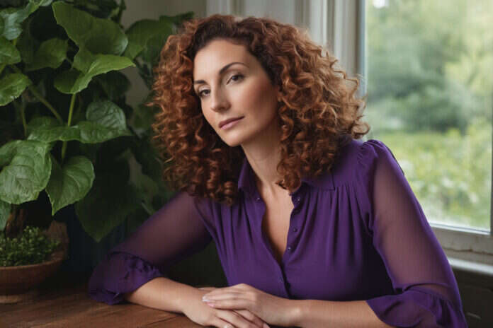 Woman with auburn curls and a purple blouse resting beside a leafy window.