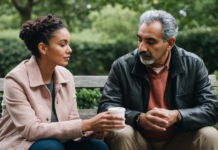 When Therapy Talk Sounds Like Growth but Means Nothing Two friends listening carefully to each other on a park bench.