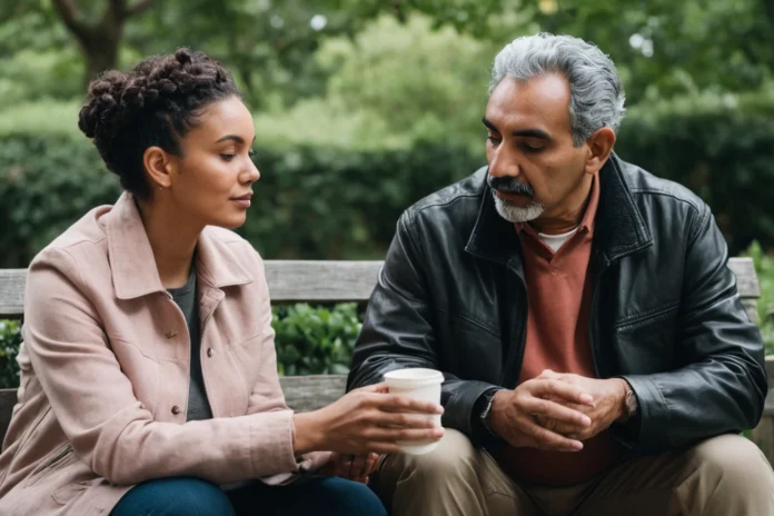 Two friends listening carefully to each other on a park bench.