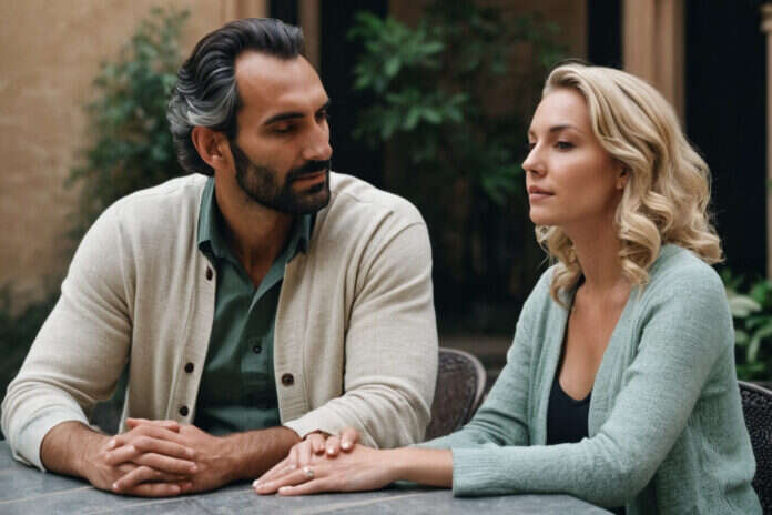 Two adults having a quiet conversation at an outdoor table.