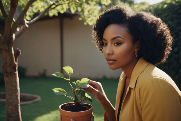 Woman tending a potted plant.