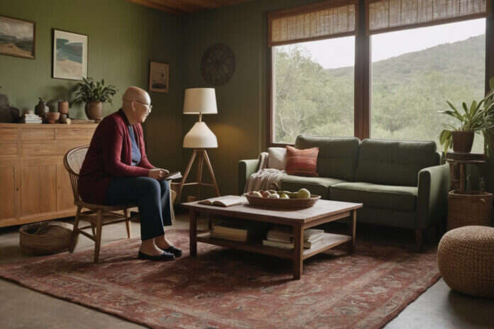 Woman sitting quietly in a bright room.
