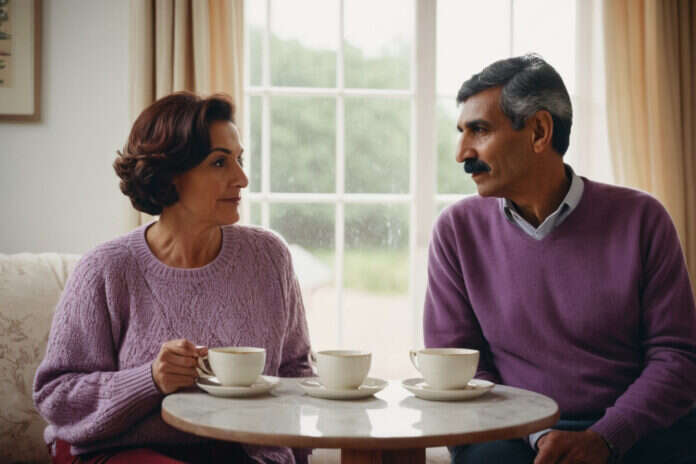 Two adults talking outdoors while holding plain cups.