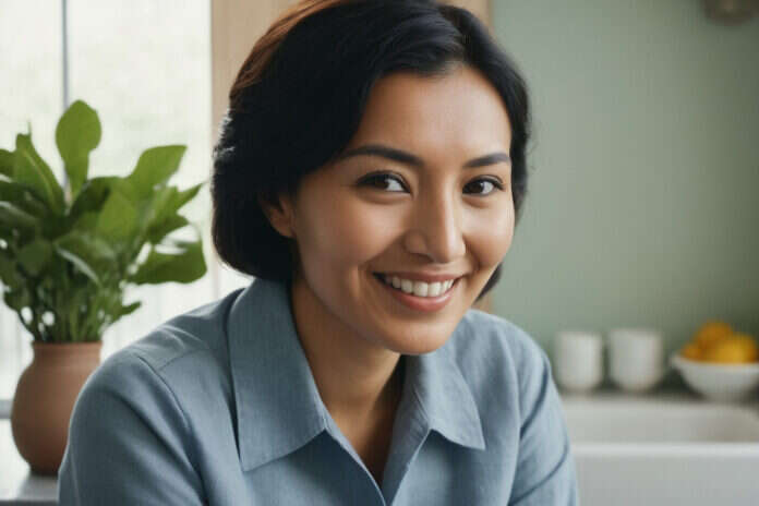 Woman sitting quietly beside a bright window.