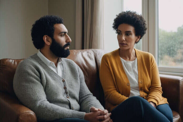 Two adults having a serious conversation on a sofa.