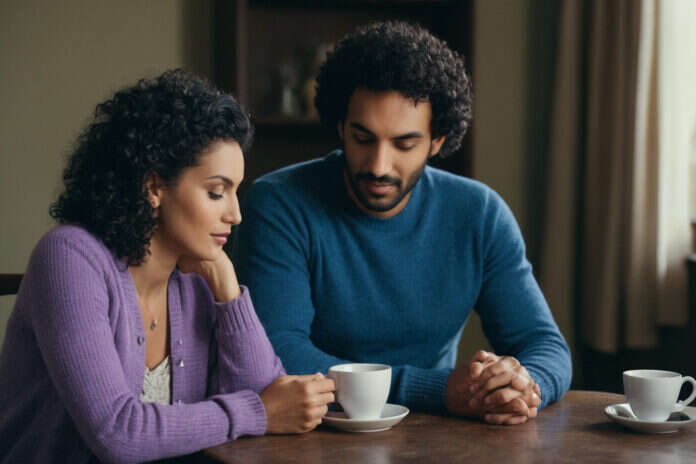 Two adults sharing a quiet moment over plain cups at home.