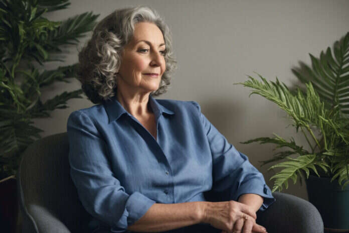 Older woman with gray curls relaxing in an armchair beside houseplants.