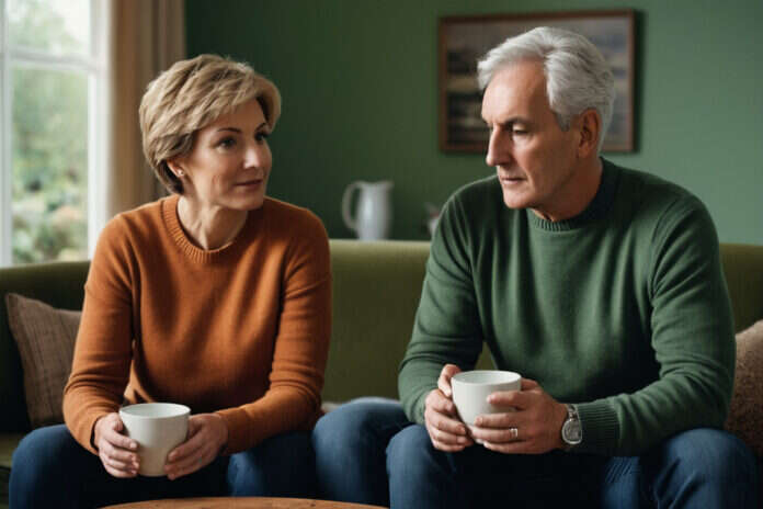 Two older adults talking together while holding plain mugs.