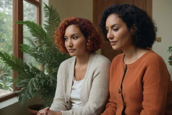 Two women talking in a quiet setting.