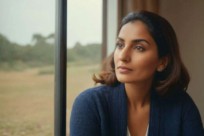 Woman sitting quietly beside a bright window.