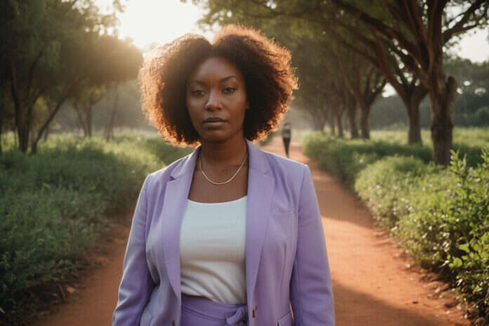 Woman walking along a leafy park path.