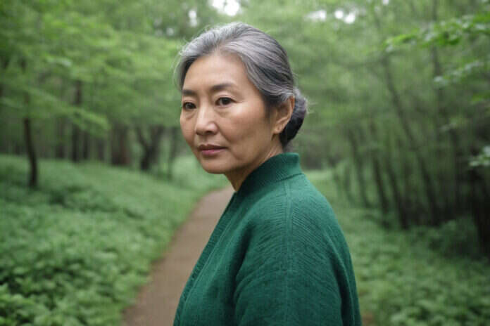 Woman walking along a leafy park path.