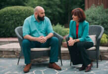Intimacy and Communication: Why Connection Fades—and How Couples Can Find It Again Two adults having a thoughtful conversation in a green courtyard.