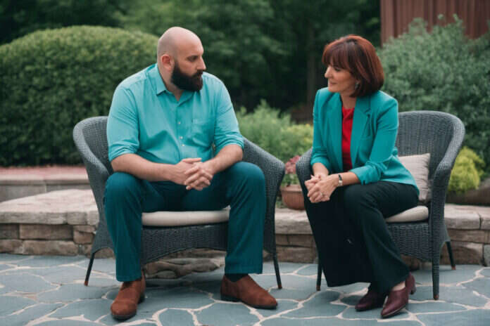 Two adults having a thoughtful conversation in a green courtyard.