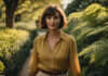 Social Media Boundaries in Relationships: How to Be Clear Without Becoming Cold Woman with a chestnut bob and mustard blouse on a leafy garden path.