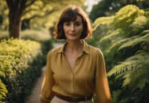 Social Media Boundaries in Relationships: How to Be Clear Without Becoming Cold Woman with a chestnut bob and mustard blouse on a leafy garden path.