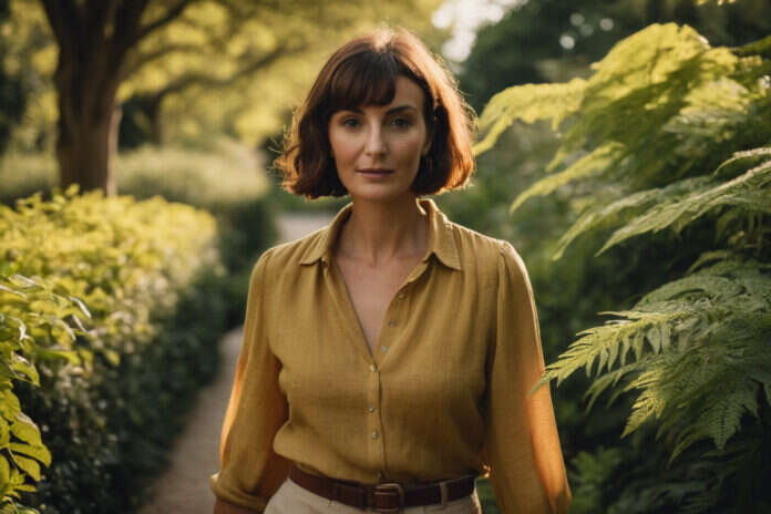 Woman with a chestnut bob and mustard blouse on a leafy garden path.