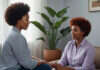 Love Bombing Signs: What Feels Like Chemistry Can Be a Warning Sign Two adults having a thoughtful conversation beside a houseplant.