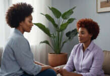 Love Bombing Signs: What Feels Like Chemistry Can Be a Warning Sign Two adults having a thoughtful conversation beside a houseplant.