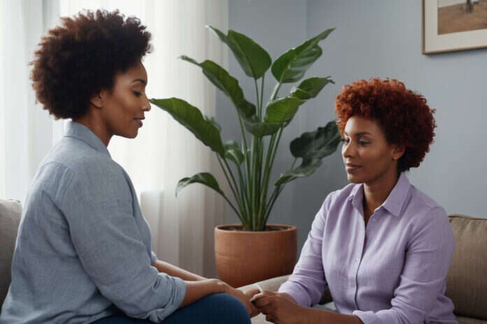 Love Bombing Signs: What Feels Like Chemistry Can Be a Warning Sign — featured image Two adults having a thoughtful conversation beside a houseplant.
