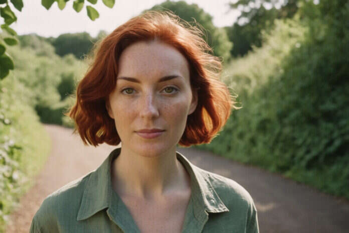 A red-haired woman outdoors on a green path.