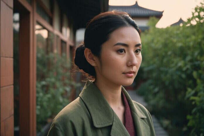 A woman in a green jacket reflecting in a garden courtyard.