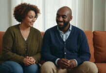 Improving Intimacy: How to Rebuild Closeness When the Spark Feels Far Away Two partners sharing a relaxed moment on a sofa.