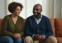 Improving Intimacy: How to Rebuild Closeness When the Spark Feels Far Away Two partners sharing a relaxed moment on a sofa.