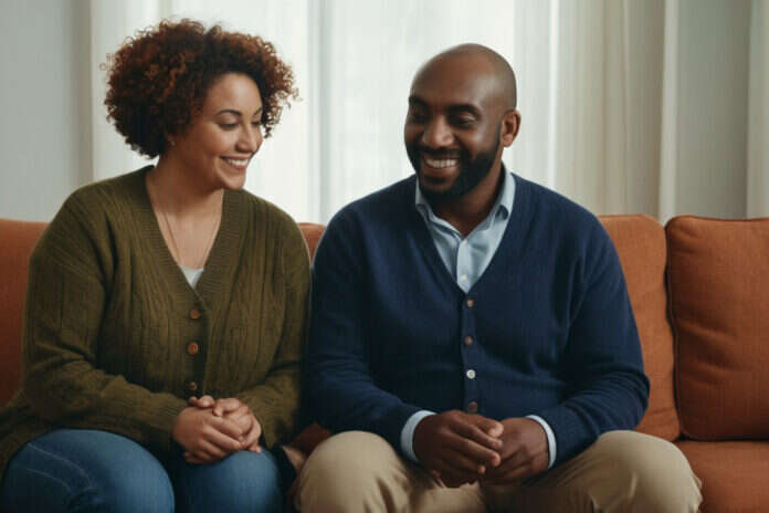 Two partners sharing a relaxed moment on a sofa.