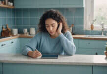 Texts with My Situationship Trend: How to Read the Signs Before You Waste Another Month A woman reflecting beside a blank tablet in a quiet kitchen.