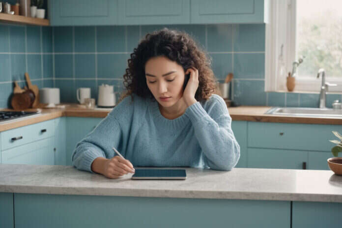 A woman reflecting beside a blank tablet in a quiet kitchen.