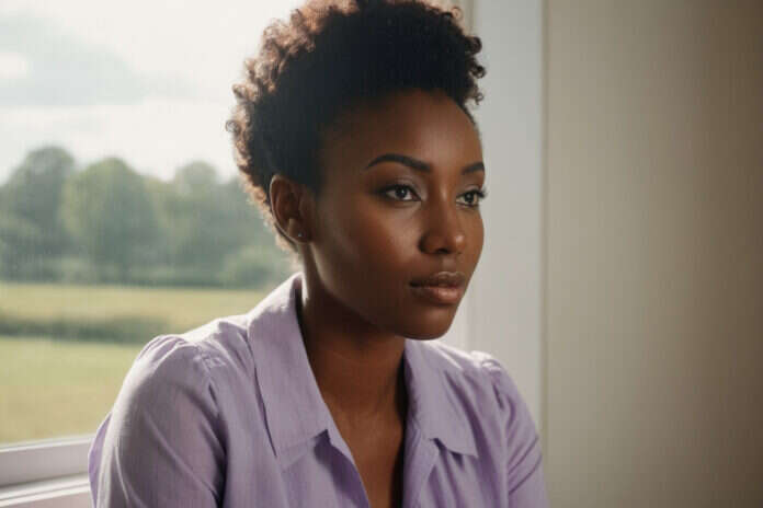A woman taking a reflective pause beside a window.