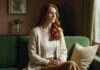 Mental Health and Relationships: What to Notice Before the Pattern Becomes the Relationship A woman with long copper hair taking a quiet break on a green sofa.