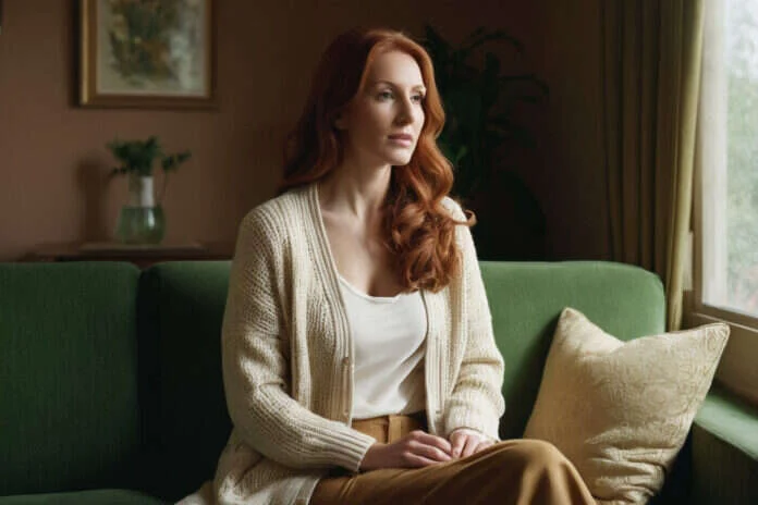 A woman with long copper hair taking a quiet break on a green sofa.