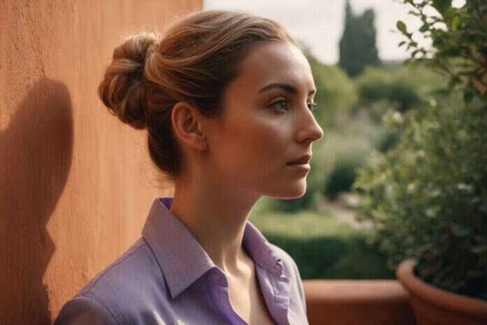 A woman reflecting on a quiet courtyard terrace.