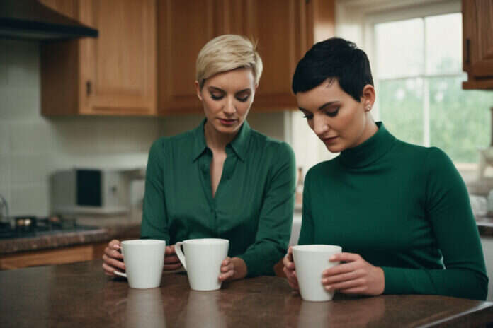 Two women with short hair sharing a quiet moment over plain cups.