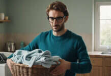 Intimacy After Having Children: Why Connection Fades—and How Couples Can Find It Again A man carrying a basket of folded laundry at home.