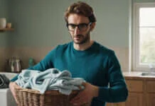 Intimacy After Having Children: Why Connection Fades—and How Couples Can Find It Again A man carrying a basket of folded laundry at home.