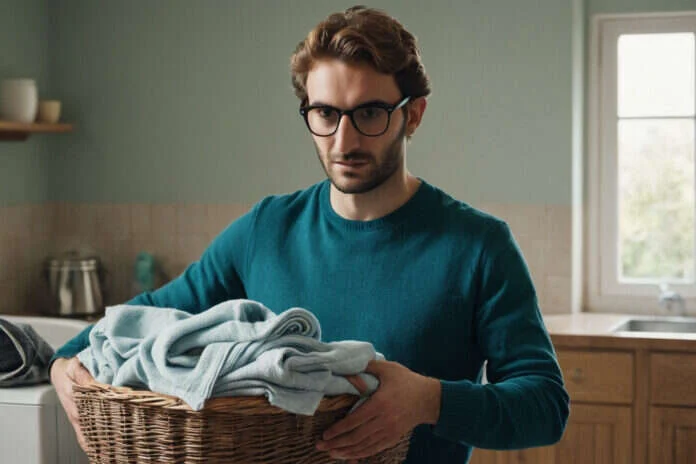 A man carrying a basket of folded laundry at home.