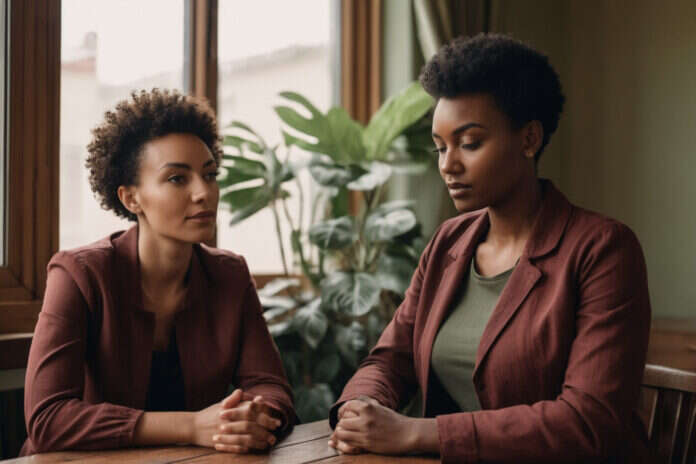 Two adults having a serious conversation at a table.