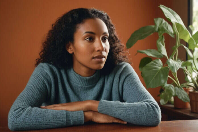 A woman taking a thoughtful pause at a table.
