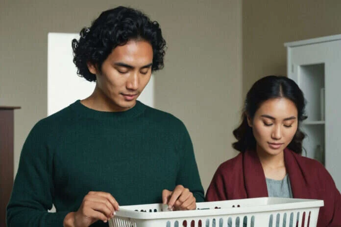 Two partners sharing a household task beside a laundry basket.