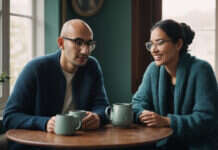 Intimacy After Infidelity: How to Rebuild Safety Without Becoming the Relationship Detective Two partners sharing a conversation over plain cups at home.