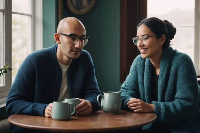 Two partners sharing a conversation over plain cups at home.