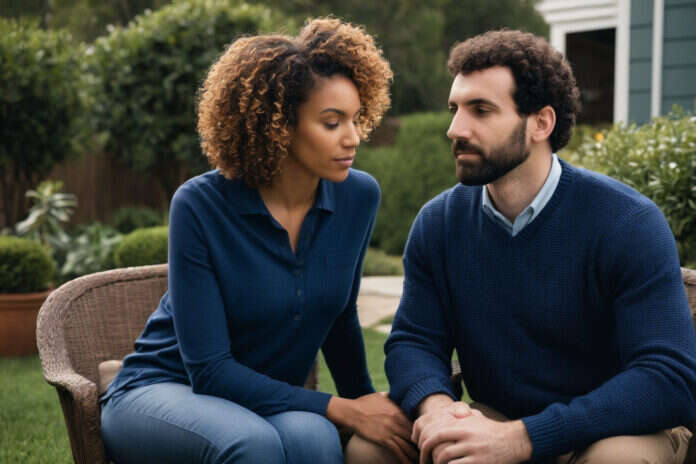 Two adults having a close, thoughtful conversation in a garden.